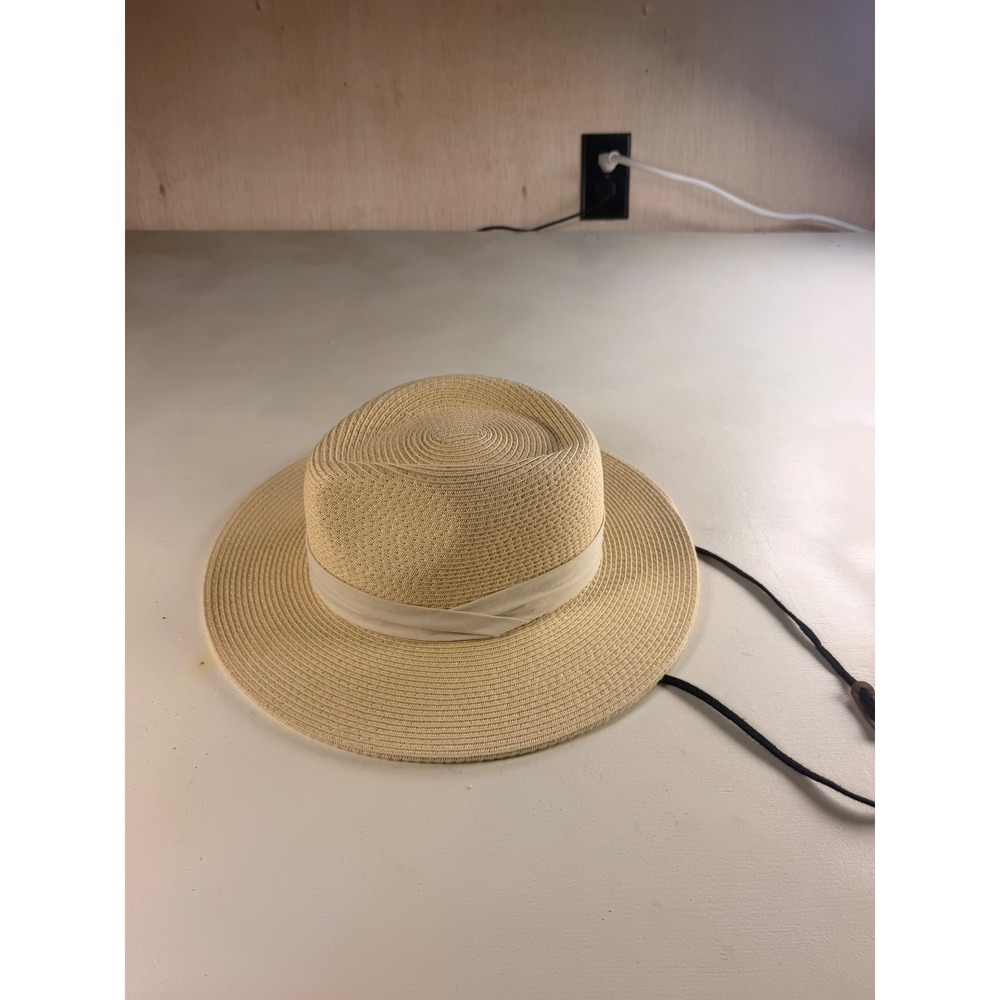FURTALK Sun Hat Women M/L Beige Modern Wide Brim Straw Fedora Chin Strap